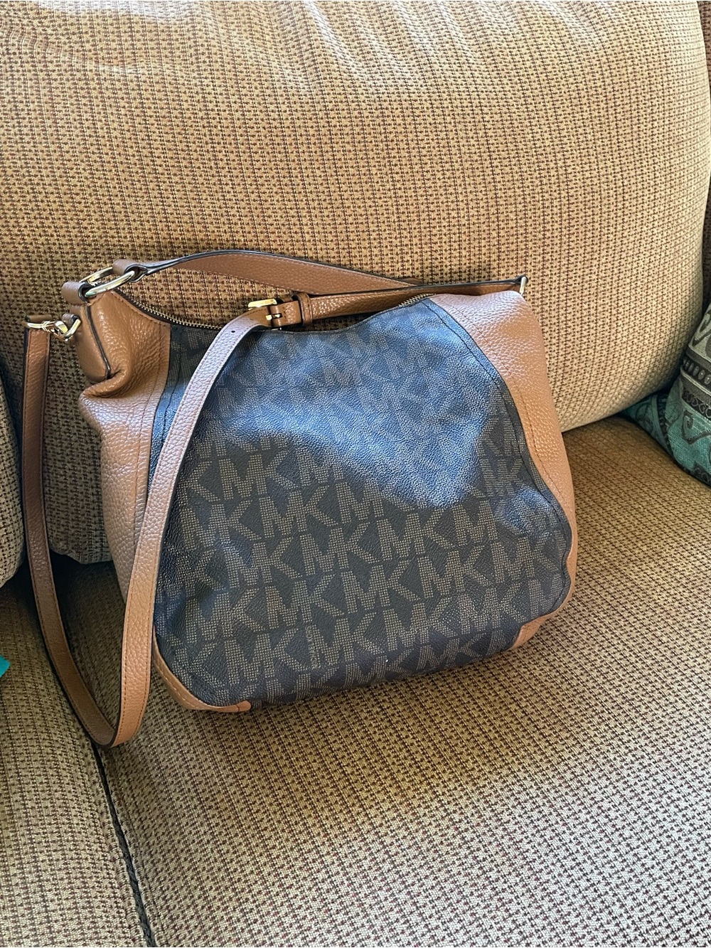 Michael Kors Fulton Brown and Tan Logo Monogram Hobo bag.